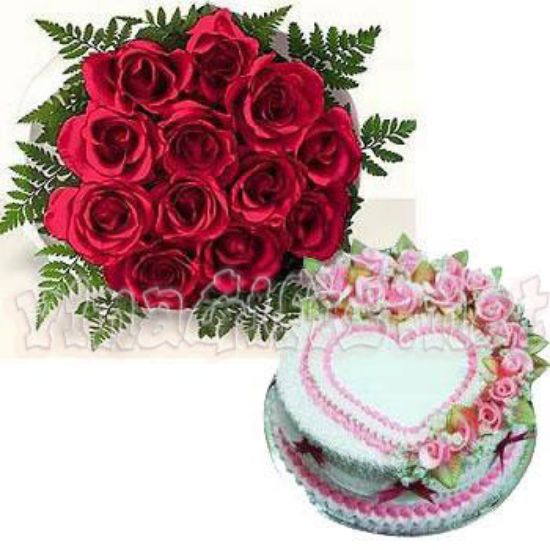 Picture of VNG-RO-071016_A bqt of 12 roses + vanilla cakes-HO chi minh only.